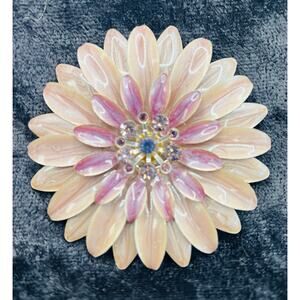 Vintage Multi Layer Pink Daisy Brooch With Rhinestones Iridescent 2 1/4”